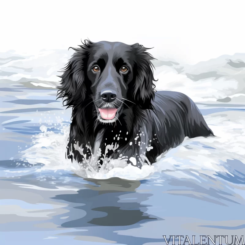 Joyful Black Dog Swimming in Soft Watercolour Seascape AI Image