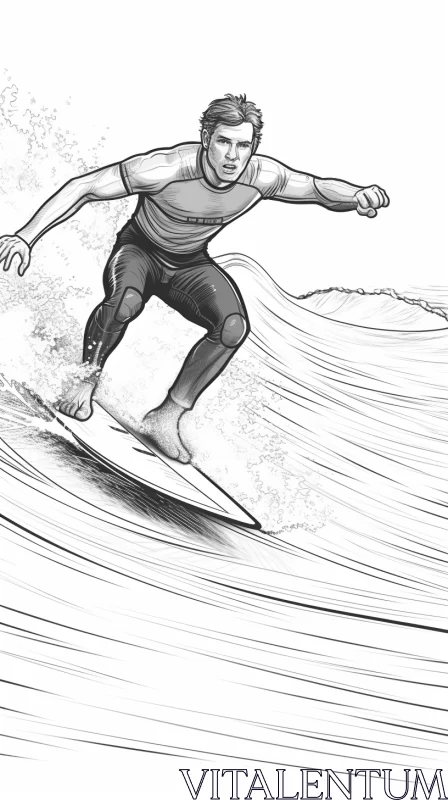 AI ART Monochromatic Masterpiece Depicting Man Surfing, Hyper-Detailed Black and White Illustration Resembl