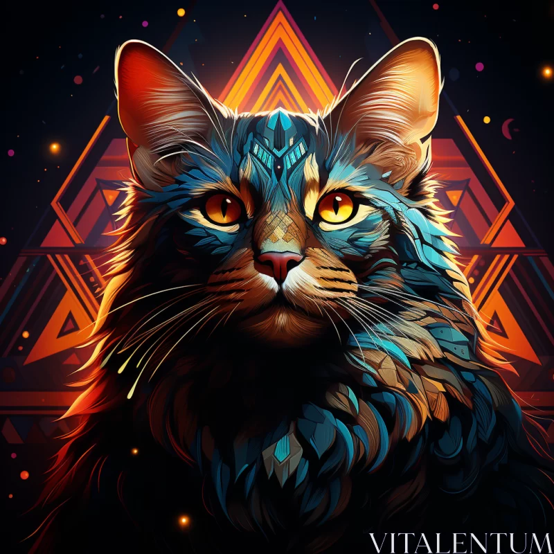 Psychedelic Colorful Cat Illustration with Intense Orange Eyes and Geometric Background AI Image
