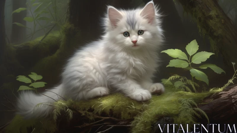 Charming White Kitten on Mossy Bark in Enchanting Forest AI Image