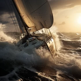 Dusk-time Photorealistic Image of Sailboat Navigating Stormy Seascape AI Image