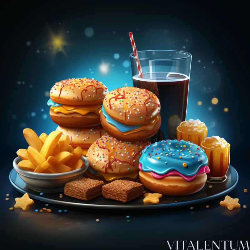 Fantasy Realism Artwork: Doughnuts, Fries and Soda on Blue Background AI Image