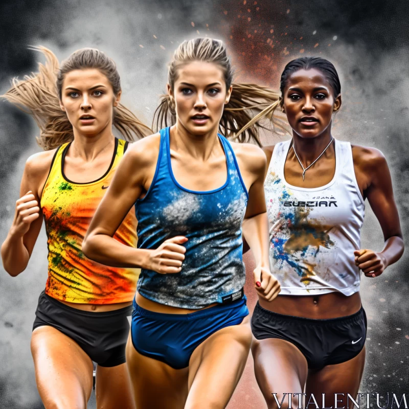 AI ART Surreal Photomontage of Determined Female Athletes in Colorful Long-Distance Race