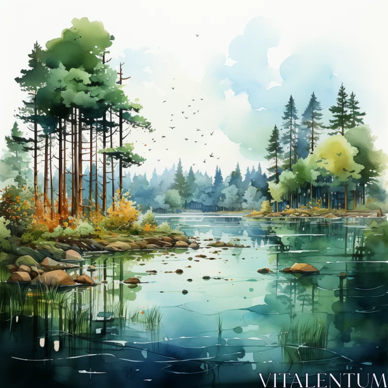 Watercolor Forest Reflection: Symbol of Tranquility and Balance AI Image
