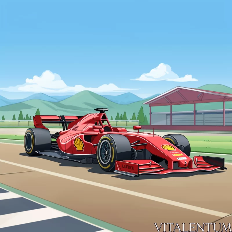 Ferrari F1 Racing Car in Dynamic Cartoon Style Landscape  - AI Generated Images AI Image