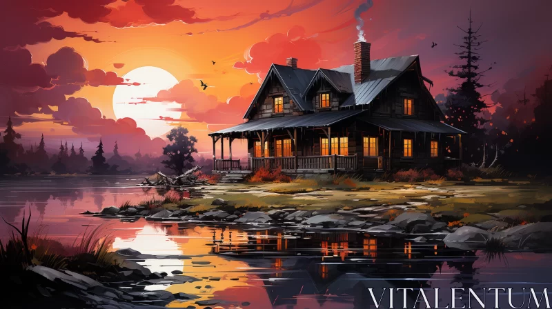 Rustic Cabin by Serene Lake under Crimson Sunset AI Image
