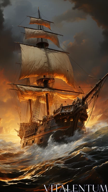 17th Century Pirate Ship Sailing in Sunset-Lit Ocean AI Image