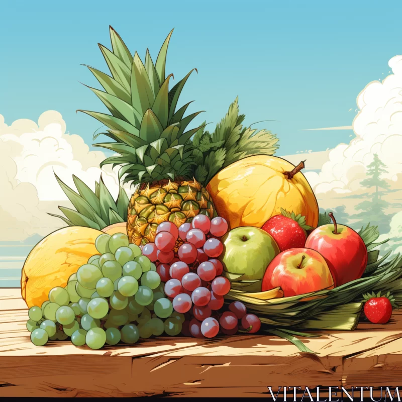 Cartoon Realism Fruit Composition on Wooden Table AI Image