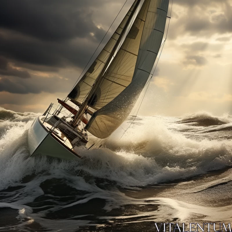 Photorealistic Image of Sailboat Braving Stormy Sea AI Image