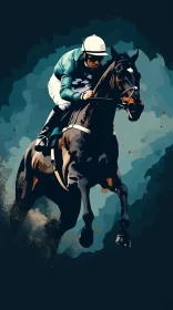 8K Digital Illustration of Tense Horse Race in Dark Teal and Black AI Image