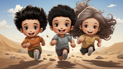 Cartoon Children Running in a Desert: A Blend of 2D Game Art and Portraiture AI Image