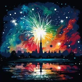 City Silhouette and Fireworks Over Lake: A Colorful Artwork AI Image