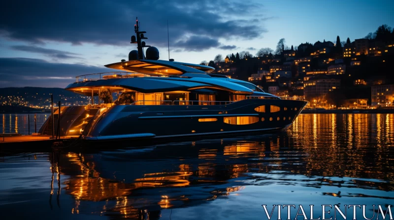 Luxurious Yacht Docked at Night with Swiss Design Backdrop AI Image