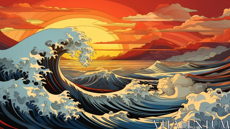Psychedelic Art Nouveau Wave Illustration at Sunset AI Image