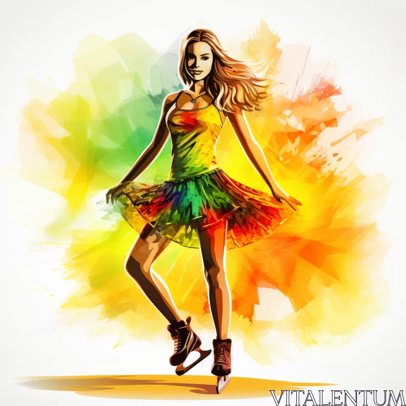 AI ART Vibrant Ice Skating Illustration with Rainbow Dress and Icepunk Elements