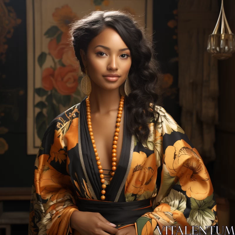 African Girl in Oriental Kimono Amidst Exotic Flora AI Image