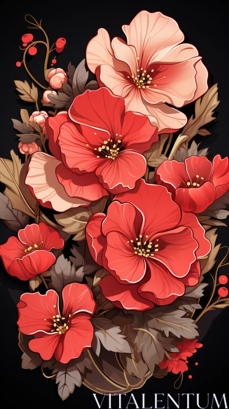 Charming Red Flowers Illustration in Silk Painting Style AI Image