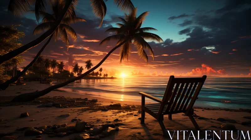 Enigmatic Tropical Sunset Landscape with Lone Beach Chair AI Image