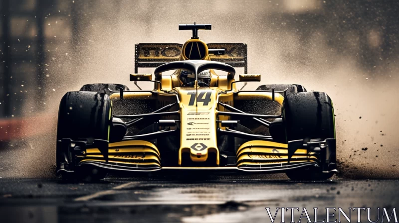 Golden Racing Car Speeding on Rain-Soaked Track  - AI Generated Images AI Image