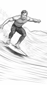 Monochromatic Masterpiece Depicting Man Surfing, Hyper-Detailed Black and White Illustration Resembl AI Image