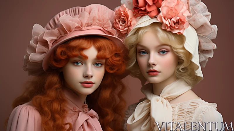 Realistic Rococo Renderings: Two Girls in Soft Colored Hats AI Image