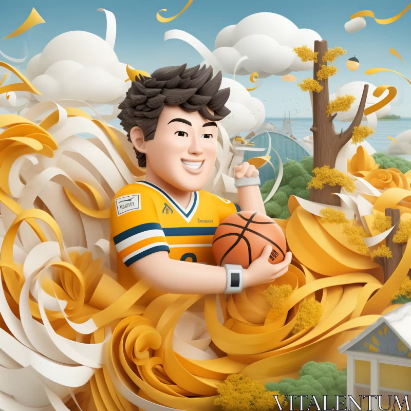 Young Basketball Player Leaping Amidst Confetti in Chinese Art Style Illustration AI Image