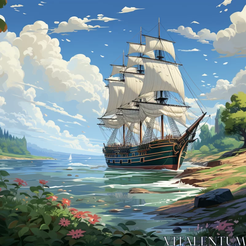 Charming Renaissance-Era Ship in Lush Landscape Digital Painting AI Image