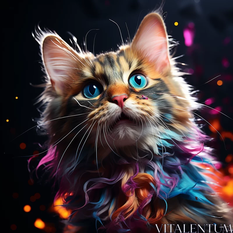Colorful Cat Artwork with Ocean Sunset Reflected in Eyes AI Image