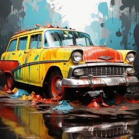 Colorful Paint Splattered Vintage Car - A Blend of Realism and Surrealism - AI Art images AI Image