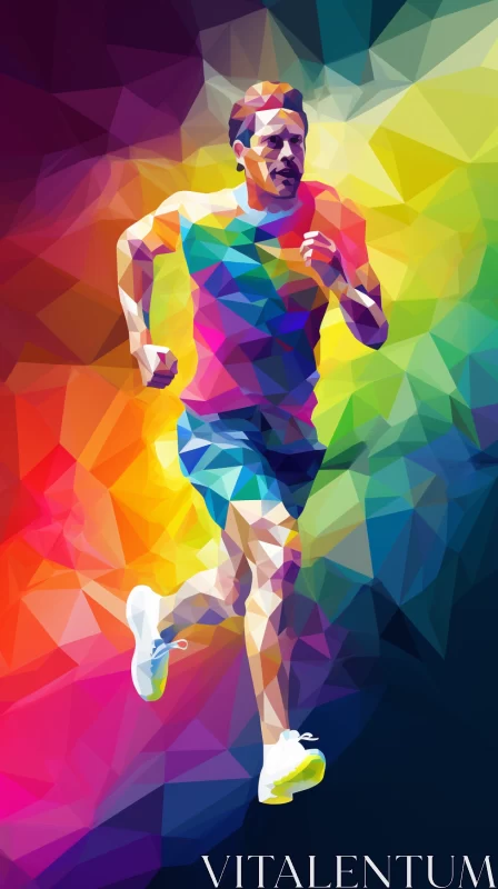 AI ART Cubism-Digital Art Fusion: Low Poly Man in Motion Amidst Abstract Textured Backdrop