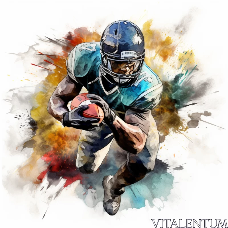 Intense American Football Player in Abstract Watercolor Style AI Image