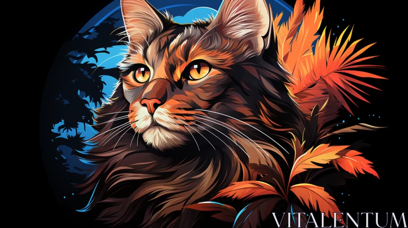 Vivid Orange and Black Cat with Blue Eyes Amidst Autumn Leaves AI Image