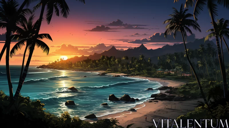 2D Game Art of Tropical Beach at Sunset AI Image