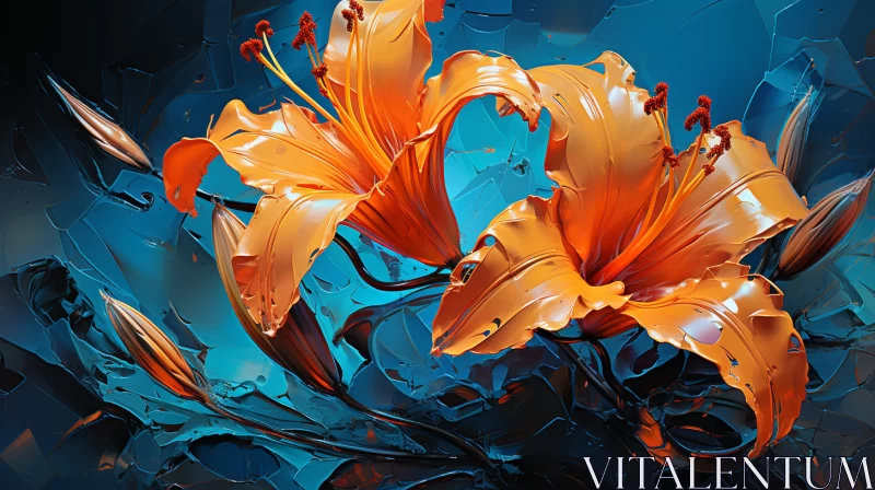 Abstract Orange Lilies in Liquid Metal - Floral Surrealism AI Image