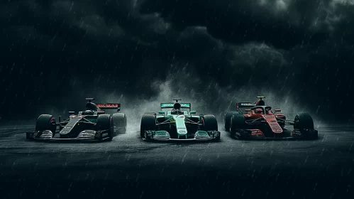 Stormy Night Race: Emerald & Crimson Scene with Three Speeding Cars  - AI Generated Images AI Image