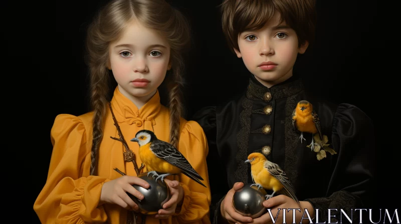 Studio Portrait of Children Holding Birds AI Image