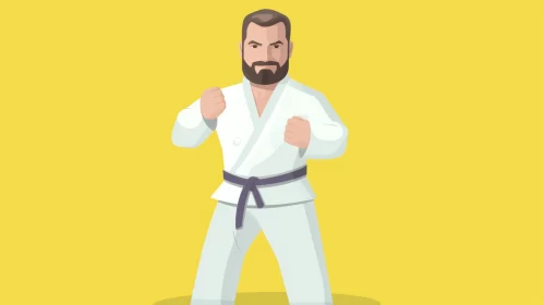 Vibrant Cartoon Illustration of Bearded Karate Fighter in White Outfit AI Image