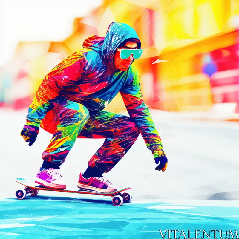 AI ART Vibrant Low Poly Digital Art of Skateboarding in Street Scene