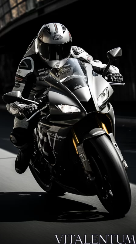 32k UHD Black-and-White Image of Speeding Motorcycle under Brooding Sky AI Image