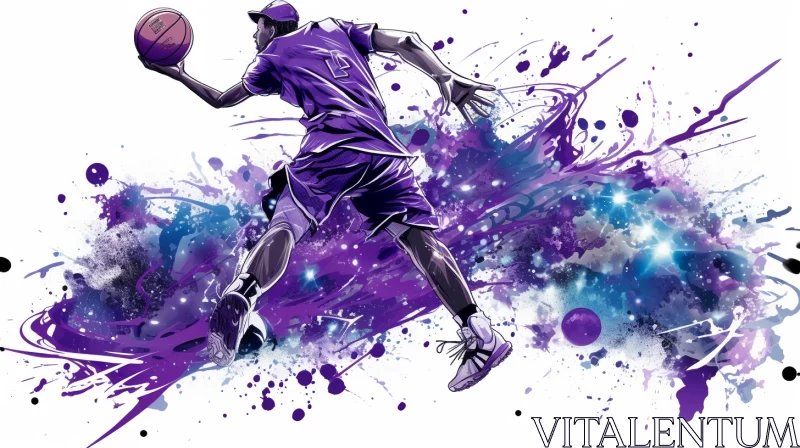 Dynamic Basketball Player in Vibrant Purple Hue Ink Painting AI Image