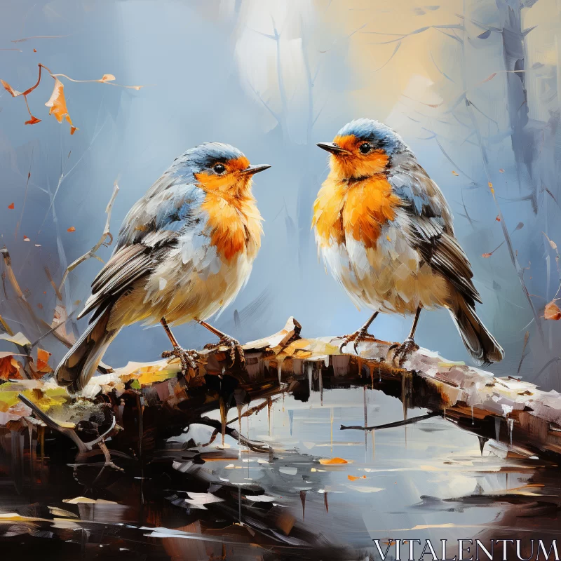 Exquisite Artwork of Two Birds Sitting on a Tree Branch - Nature-inspired Painting with Rustic Reali AI Image