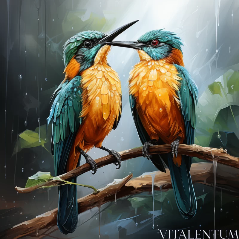 Captivating Image of Colorful Birds Perched on Tree Branch in Hyper-Realistic Style with Vibrant Tea AI Image