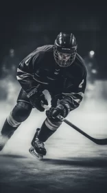 Dramatic Hockey Player Action Shot in Dark Atmosphere AI Image