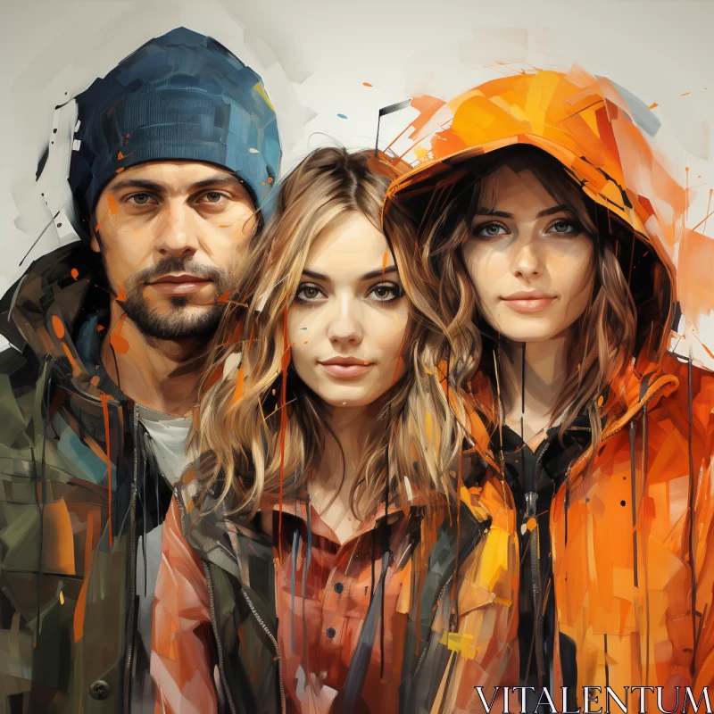 Graffiti-Inspired Portrait of Three in Orange Coats AI Image