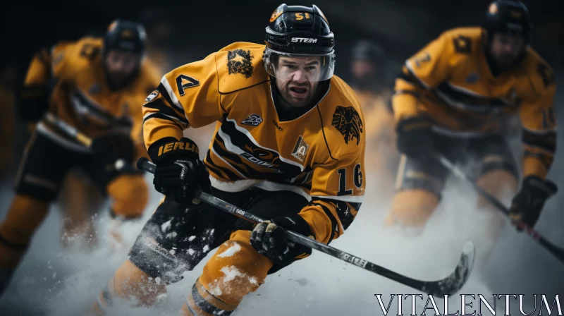 Intense Hockey Scene on Snowy Landscape with Surreal Manticore AI Image