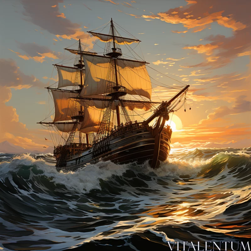 Old Sailboat on Open Sea at Sunset: A Journey of Adventure AI Image