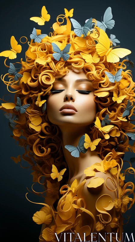 Surreal Photorealistic Image of Woman with Butterfly-Infused Hair AI Image