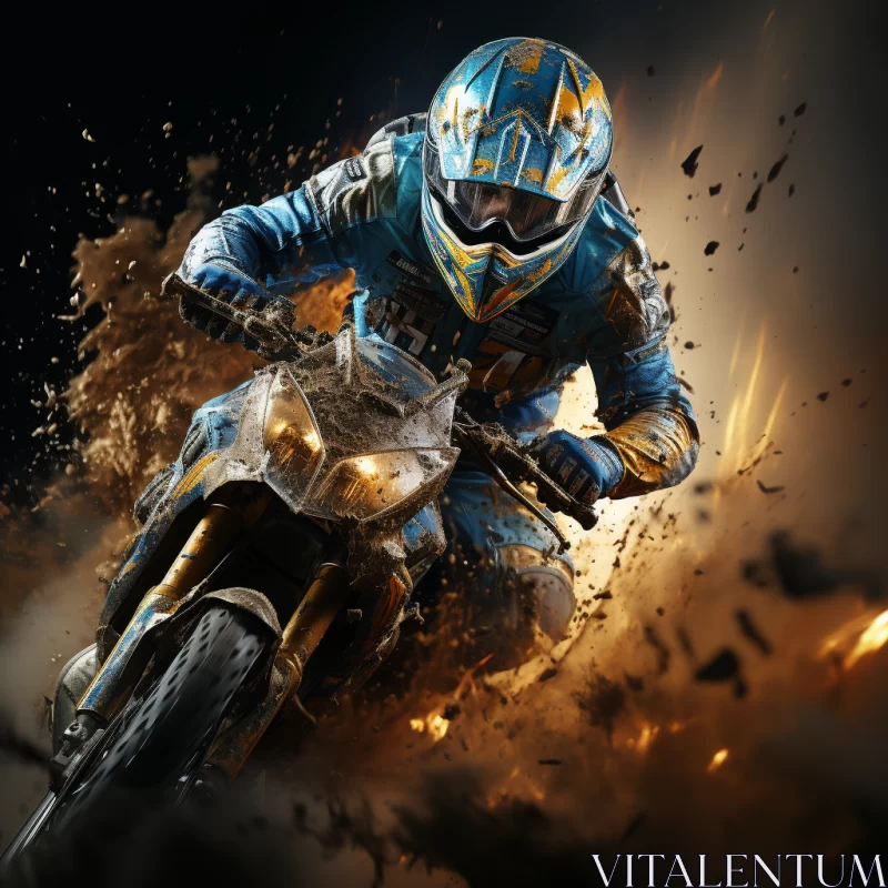 Thrilling Snapshot of Motorcycle Rider Amidst Swirling Smoke and Brilliant Flames AI Image
