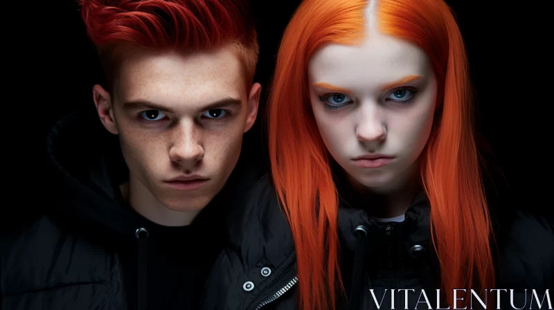 Intense Close-Up Portrait of Two Individuals with Orange Hair AI Image