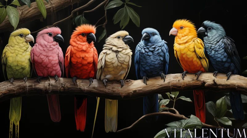 AI ART Mesmerizing Depiction of Vibrant Parrots Perched on Branch in Hyperrealistic Style